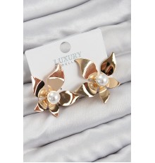 Pirinç İnci Detaylı Çiçek Model Gold Renk Kadın Küpe - TJ-BKP11031
