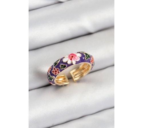 Pirinç Mor Mineli Çiçek Motifli Gold Renk Ayarlanabilir Kadın Yüzük - TJ-BYK3803
