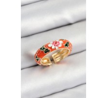 Pirinç Turuncu Mineli Çiçek Motifli Gold Renk Ayarlanabilir Kadın Yüzük - TJ-BYK3804