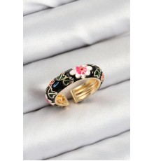 Pirinç Siyah Mineli Çiçek Motifli Gold Renk Ayarlanabilir Kadın Yüzük - TJ-BYK3805