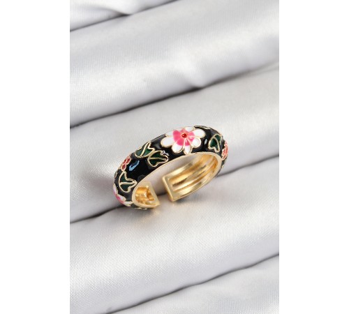 Pirinç Siyah Mineli Çiçek Motifli Gold Renk Ayarlanabilir Kadın Yüzük - TJ-BYK3805