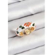 Pirinç Beyaz Mineli Çiçek Motifli Gold Renk Ayarlanabilir Kadın Yüzük - TJ-BYK3806