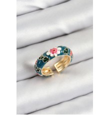 Pirinç Yeşil Mineli Çiçek Motifli Gold Renk Ayarlanabilir Kadın Yüzük - TJ-BYK3808
