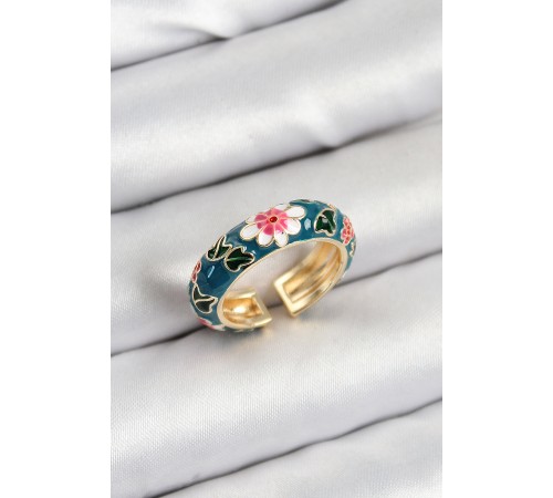 Pirinç Yeşil Mineli Çiçek Motifli Gold Renk Ayarlanabilir Kadın Yüzük - TJ-BYK3808