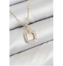 Pirinç Zirkon Taşlı Kare Model Gold Renk Kadın Kolye - TJ-BKO10408