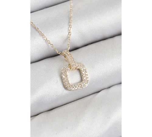 Pirinç Zirkon Taşlı Kare Model Gold Renk Kadın Kolye - TJ-BKO10408