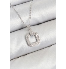 Pirinç Zirkon Taşlı Kare Model Gümüş Renk Kadın Kolye - TJ-BKO10409