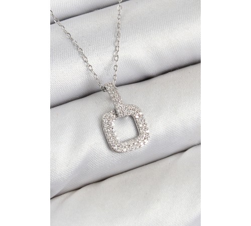 Pirinç Zirkon Taşlı Kare Model Gümüş Renk Kadın Kolye - TJ-BKO10409