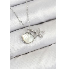 Pirinç Zirkon Taşlı İstiridye Ve Deniz Yıldızı Model Gümüş Renk Kadın Kolye - TJ-BKO10411