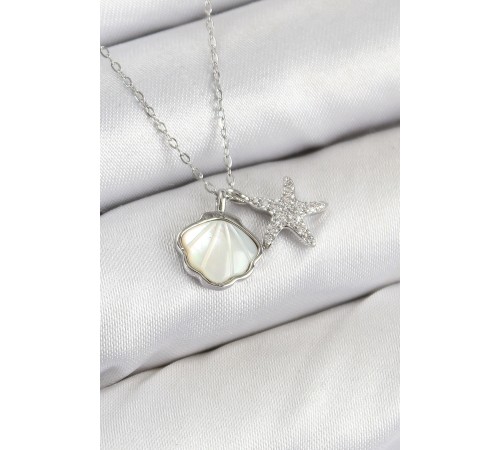 Pirinç Zirkon Taşlı İstiridye Ve Deniz Yıldızı Model Gümüş Renk Kadın Kolye - TJ-BKO10411