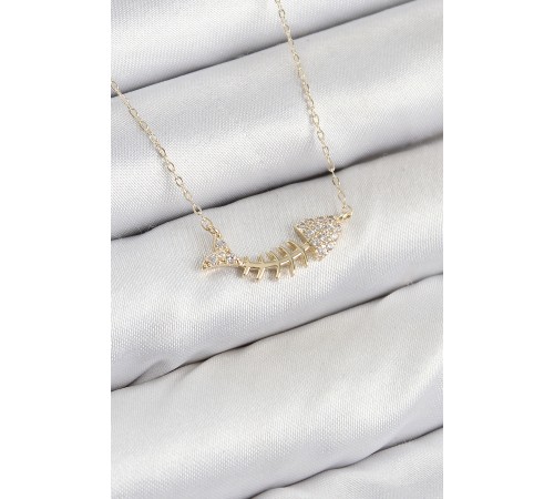 Pirinç Zirkon Taşlı Balık Kılçığı Model Gold Renk Kadın Kolye - TJ-BKO10412