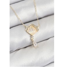 Pirinç Zirkon Taşlı İstiridye Model Gold Renk Kadın Kolye - TJ-BKO10416