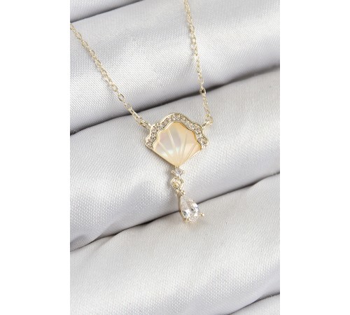 Pirinç Zirkon Taşlı İstiridye Model Gold Renk Kadın Kolye - TJ-BKO10416