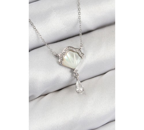 Pirinç Zirkon Taşlı İstiridye Model Gümüş Renk Kadın Kolye - TJ-BKO10417