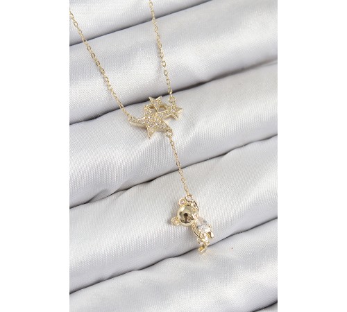 Pirinç Zirkon Taşlı Sallantılı Ayıcıklı Yıldız Model Gold Renk Kadın Kolye - TJ-BKO10418