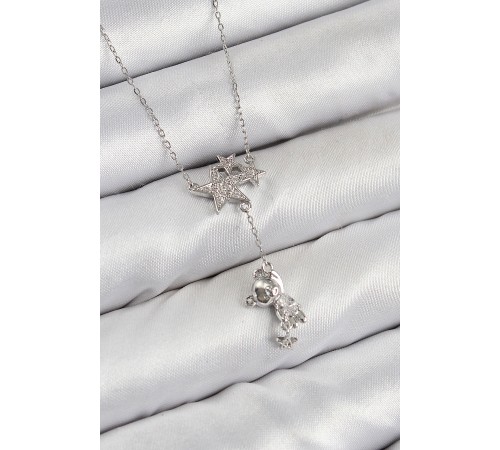 Pirinç Zirkon Taşlı Sallantılı Ayıcıklı Yıldız Model Gümüş Renk Kadın Kolye - TJ-BKO10419