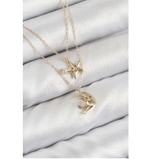 Pirinç Zirkon Taşlı Yıldız Ve Ay Model Gold Renk Kadın Kolye - TJ-BKO10422