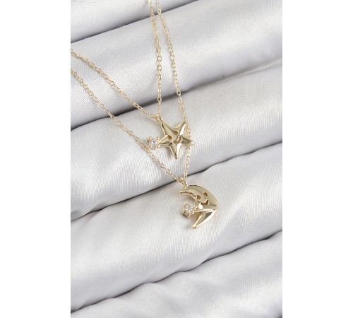 Pirinç Zirkon Taşlı Yıldız Ve Ay Model Gold Renk Kadın Kolye - TJ-BKO10422