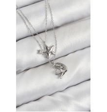 Pirinç Zirkon Taşlı Yıldız Ve Ay Model Gümüş Renk Kadın Kolye - TJ-BKO10423
