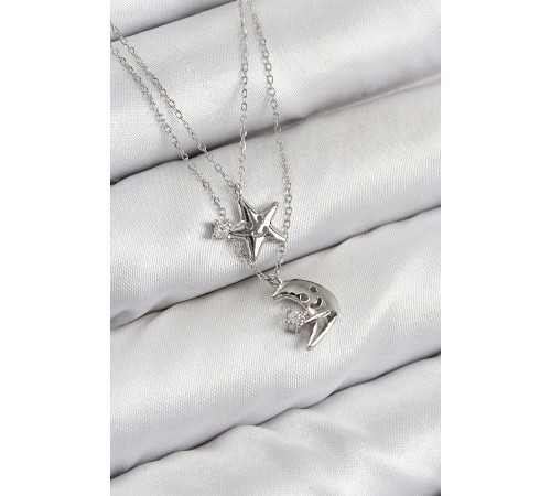 Pirinç Zirkon Taşlı Yıldız Ve Ay Model Gümüş Renk Kadın Kolye - TJ-BKO10423