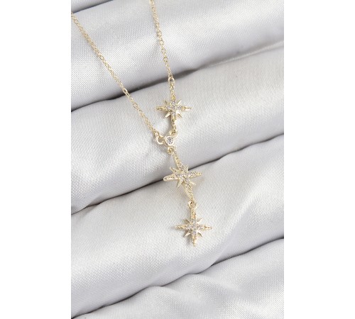 Pirinç Zirkon Taşlı Kutup Yıldızı Model Gold Renk Kadın Kolye - TJ-BKO10426