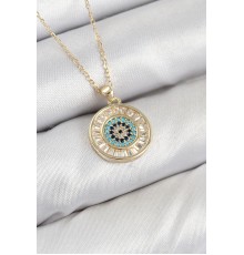 Pirinç Zirkon Taşlı Su Yolu Nazar Model Gold Renk Kadın Kolye - TJ-BKO10428
