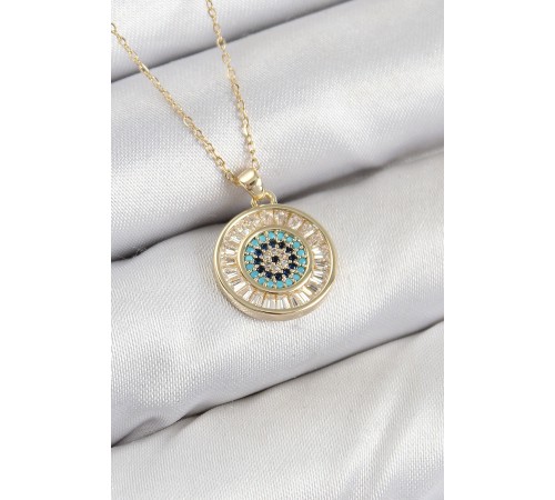 Pirinç Zirkon Taşlı Su Yolu Nazar Model Gold Renk Kadın Kolye - TJ-BKO10428