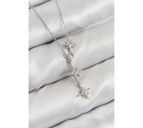 Pirinç Zirkon Taşlı Kutup Yıldızı Model Gümüş Renk Kadın Kolye - TJ-BKO10427