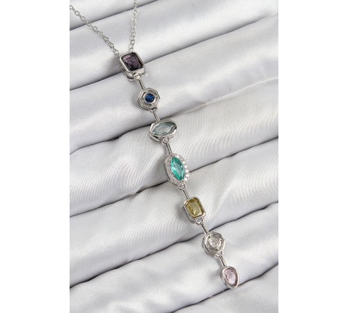 Pirinç Renkli Zirkon Taşlı Model Gümüş Renk Kadın Y Kolye - TJ-BKO10440