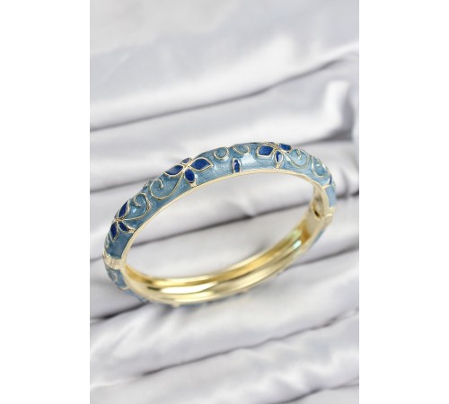 Mineli Pirinç Mavi Çiçek Motifli Gold Kadın Kelepçe - TJ-BB7631