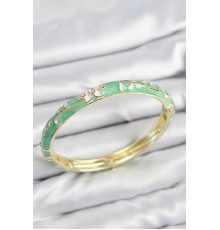 Mineli Pirinç Zirkon Taşlı Yeşil Çiçek Motifli Gold Kadın Kelepçe - TJ-BB7637