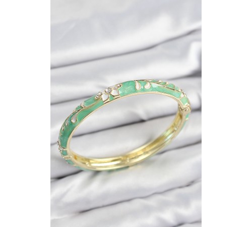 Mineli Pirinç Zirkon Taşlı Yeşil Çiçek Motifli Gold Kadın Kelepçe - TJ-BB7637