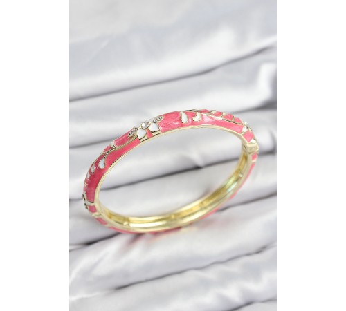 Mineli Pirinç Zirkon Taşlı Pembe Çiçek Motifli Gold Kadın Kelepçe - TJ-BB7638
