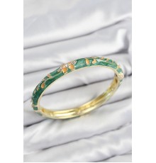 Mineli Pirinç Zirkon Taşlı Yeşil Çiçek Motifli Gold Kadın Kelepçe - TJ-BB7639