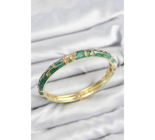 Mineli Pirinç Zirkon Taşlı Yeşil Çiçek Motifli Gold Kadın Kelepçe - TJ-BB7639