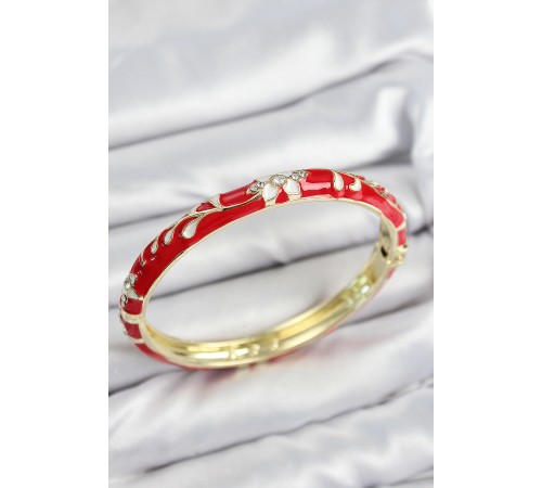 Mineli Pirinç Zirkon Taşlı Kırmızı Çiçek Motifli Gold Kadın Kelepçe - TJ-BB7640