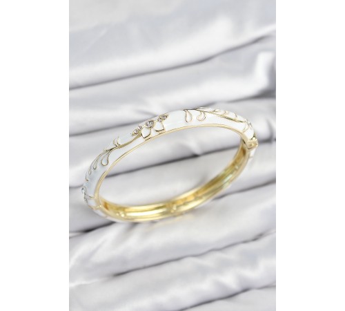 Mineli Pirinç Zirkon Taşlı Beyaz Çiçek Motifli Gold Kadın Kelepçe - TJ-BB7641