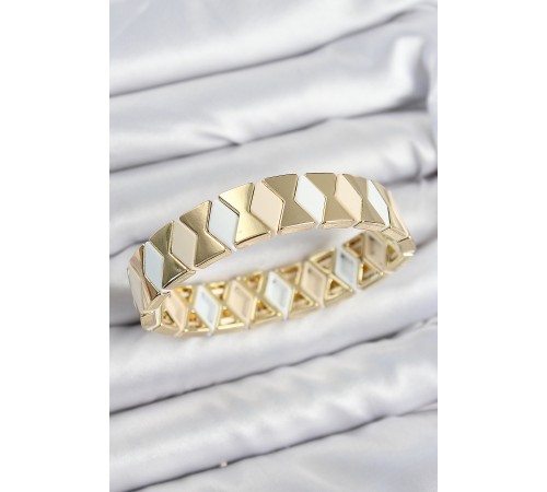 Pirinç Baklava Desenli Krem Beyaz Gold Renk Lastikli Kadın Bileklik - TJ-BB7645