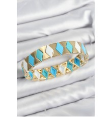 Pirinç Baklava Desenli Mavi Beyaz Gold Renk Lastikli Kadın Bileklik - TJ-BB7643