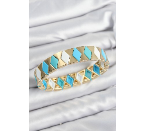 Pirinç Baklava Desenli Mavi Beyaz Gold Renk Lastikli Kadın Bileklik - TJ-BB7643