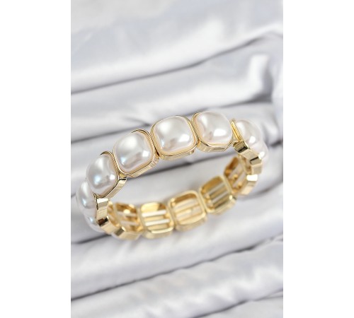 Pirinç Kare İnci Model Gold Renk Lastikli Kadın Bileklik - TJ-BB7647