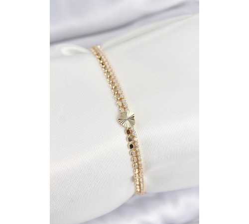 Pirinç Zirkon Taşlı Ezme Zincirli Kalp Model Gold Renk Kadın Bilekilk - TJ-BB7654
