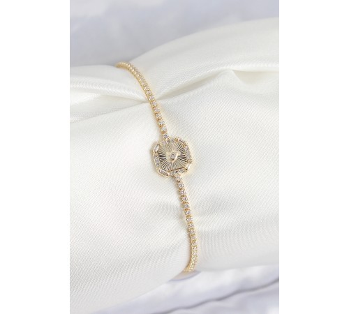 Pirinç Zirkon Taşlı Kare Model Gold Renk Kadın Bilekilk - TJ-BB7661