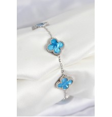 316L Çelik Sedefli Gökyüzü Mavisi Gümüş Renk Yonca Kadın Bileklik - TJ-BB7667