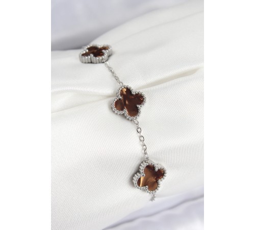 316L Çelik Sedefli Kahverengi Gümüş Renk Yonca Kadın Bileklik - TJ-BB7669