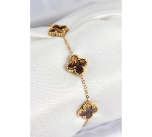 316L Çelik Sedefli Kahverengi Gold Renk Yonca Kadın Bileklik - TJ-BB7670