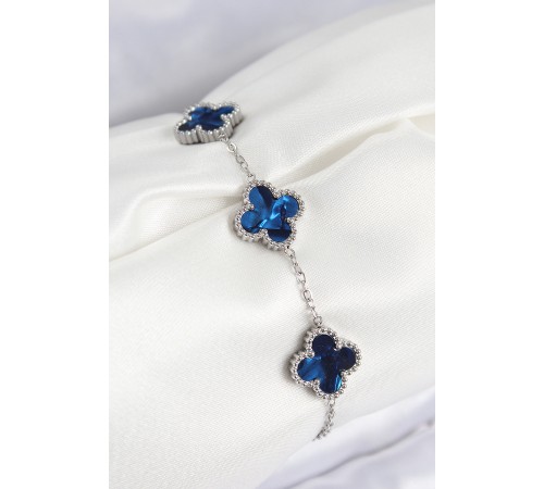 316L Çelik Sedefli Lacivert Gümüş Renk Yonca Kadın Bileklik - TJ-BB7671