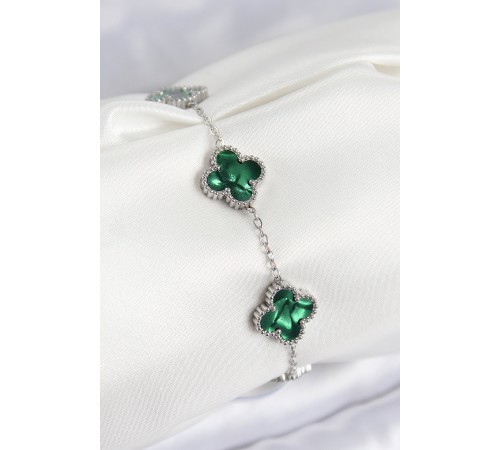 316L Çelik Sedefli Zümrüt Yeşil Gümüş Renk Yonca Kadın Bileklik - TJ-BB7672