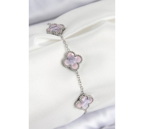 316L Çelik Sedefli Lila Gümüş Renk Yonca Kadın Bileklik - TJ-BB7673