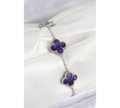 316L Çelik Sedefli Mor Gümüş Renk Yonca Kadın Bileklik - TJ-BB7674